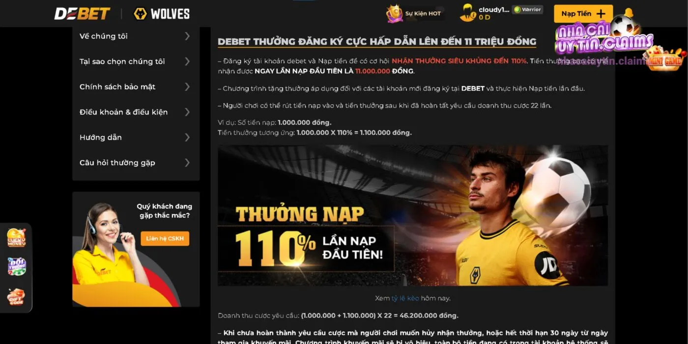 Khuyến Mãi 110% Tiền Nạp Lần Đầu Tại DEBET